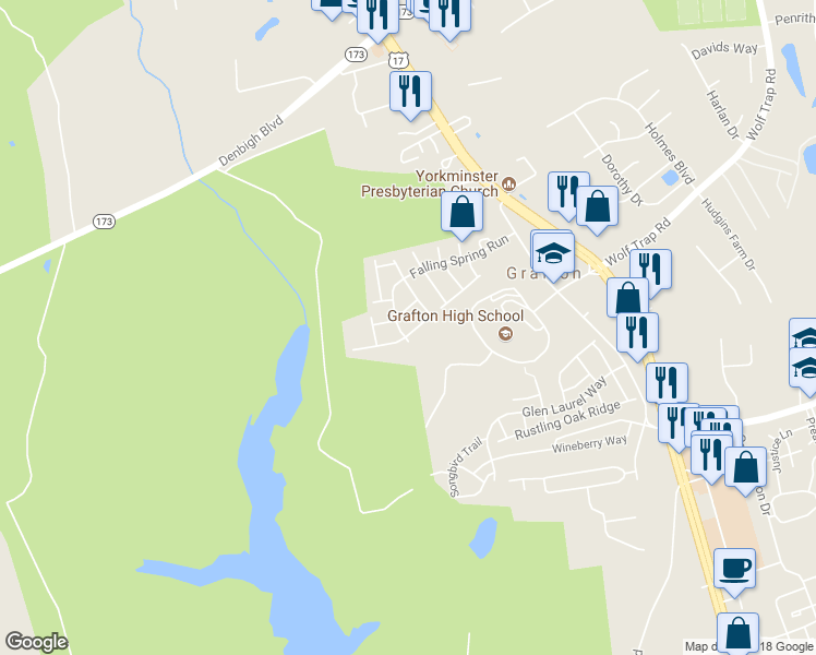 map of restaurants, bars, coffee shops, grocery stores, and more near 103 Gnarled Oak Lane in Yorktown