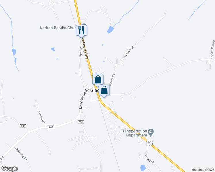 map of restaurants, bars, coffee shops, grocery stores, and more near 66 Ivy Knoll Drive in Gladys