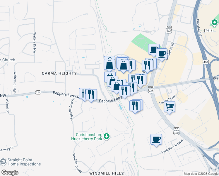 map of restaurants, bars, coffee shops, grocery stores, and more near 744 New River Rd in Christiansburg