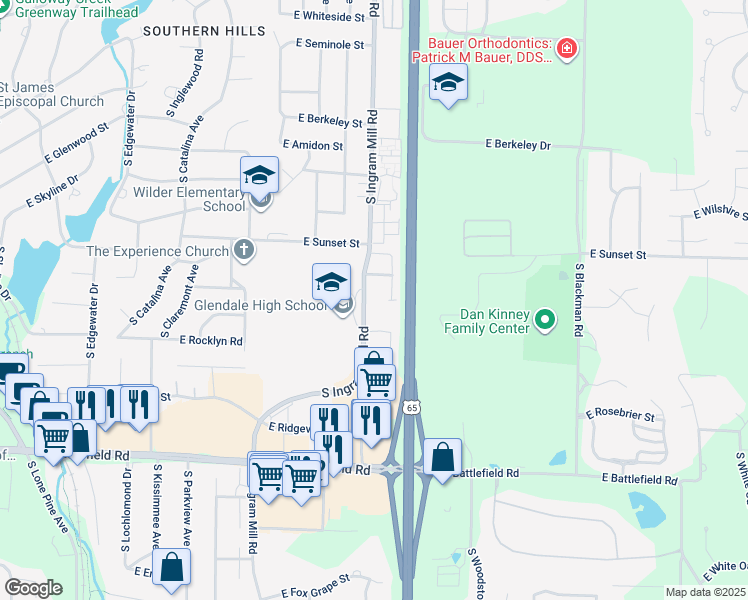 map of restaurants, bars, coffee shops, grocery stores, and more near 2700 South Ingram Mill Road in Springfield