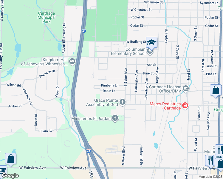 map of restaurants, bars, coffee shops, grocery stores, and more near 1406 Kimberly Lane in Carthage