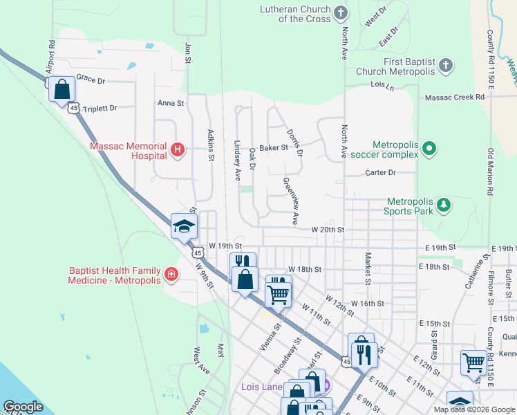 map of restaurants, bars, coffee shops, grocery stores, and more near 2100-2198 Hillcrest St in Metropolis