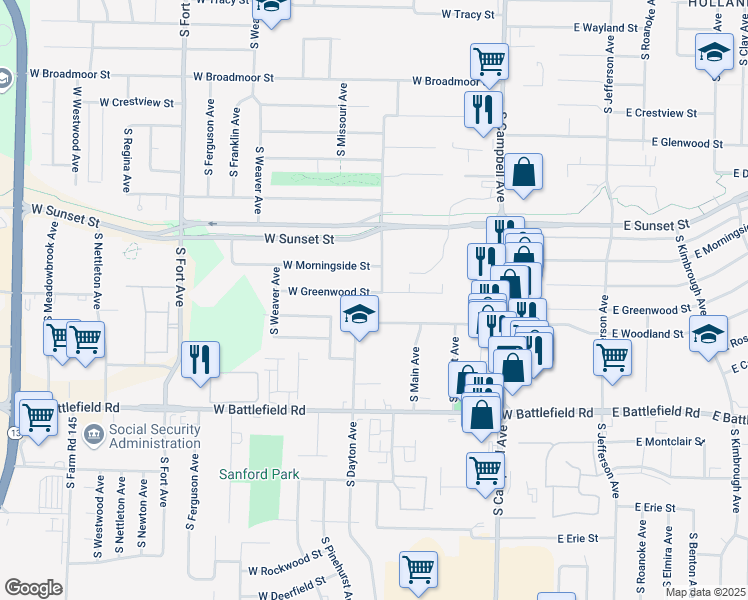 map of restaurants, bars, coffee shops, grocery stores, and more near 740 West Greenwood Street in Springfield