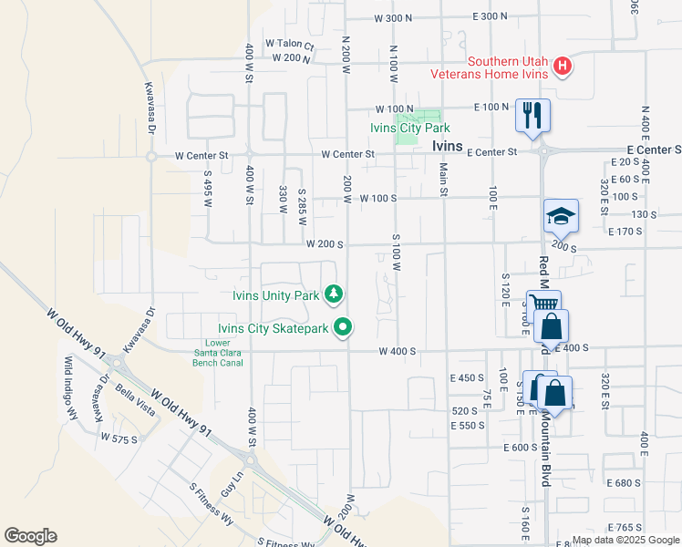 map of restaurants, bars, coffee shops, grocery stores, and more near 257 South 230 West in Ivins