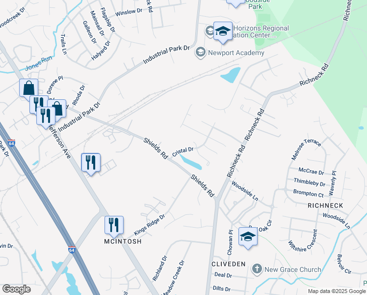 map of restaurants, bars, coffee shops, grocery stores, and more near 613 Cristal Drive in Newport News