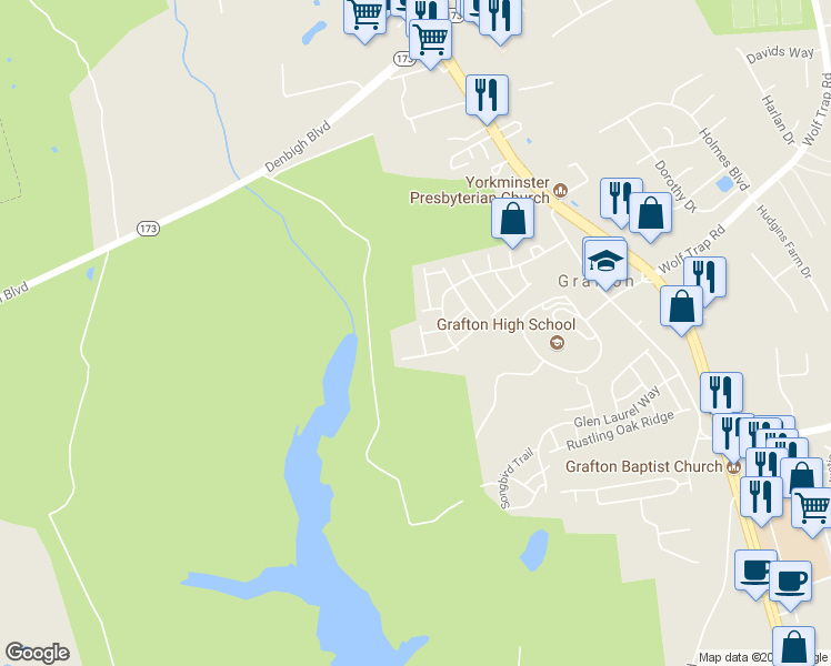 map of restaurants, bars, coffee shops, grocery stores, and more near 117 Monarch Glade in Yorktown