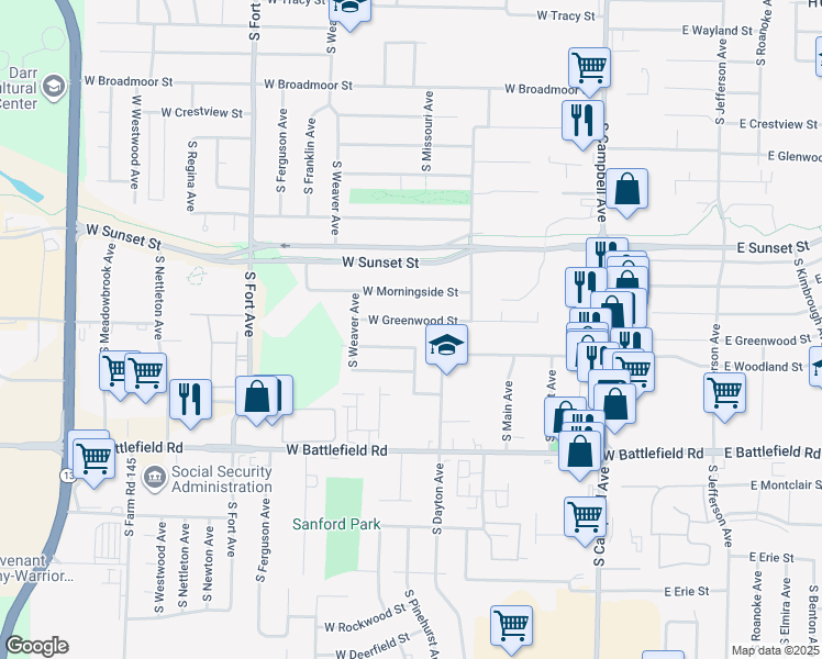 map of restaurants, bars, coffee shops, grocery stores, and more near 836 West Greenwood Street in Springfield