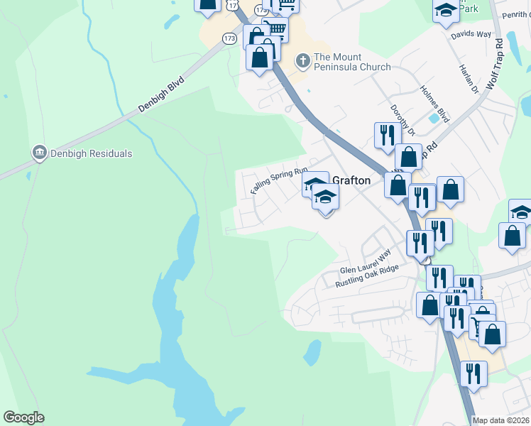 map of restaurants, bars, coffee shops, grocery stores, and more near 100 Pheasant Watch in Yorktown
