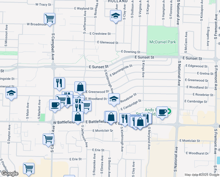 map of restaurants, bars, coffee shops, grocery stores, and more near 715 East Greenwood Street in Springfield