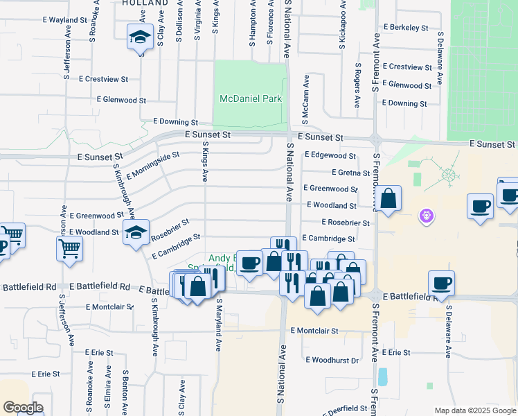 map of restaurants, bars, coffee shops, grocery stores, and more near 1126 East Woodland Street in Springfield