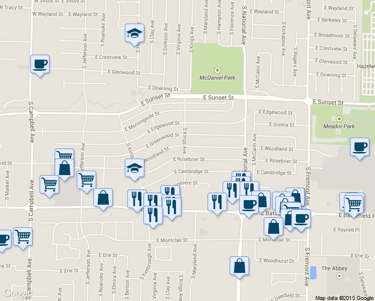 map of restaurants, bars, coffee shops, grocery stores, and more near 1006 East Woodland Street in Springfield