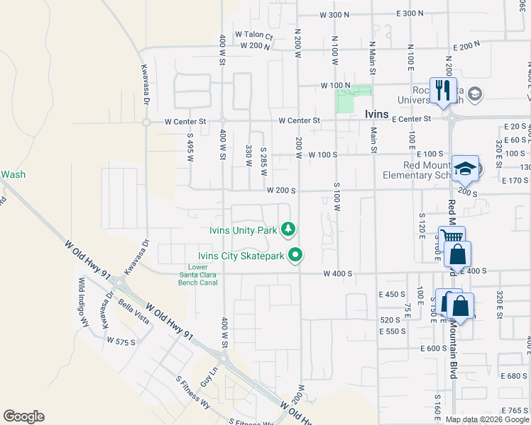 map of restaurants, bars, coffee shops, grocery stores, and more near 236 300 West in Ivins