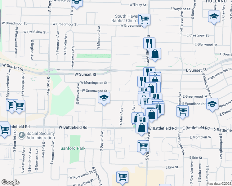 map of restaurants, bars, coffee shops, grocery stores, and more near 636 West Greenwood Street in Springfield