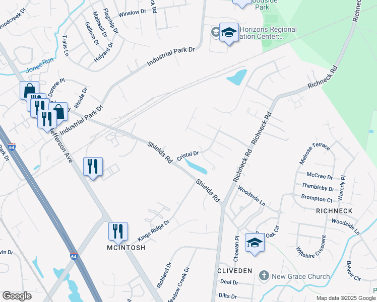 map of restaurants, bars, coffee shops, grocery stores, and more near 613 Cristal Drive in Newport News