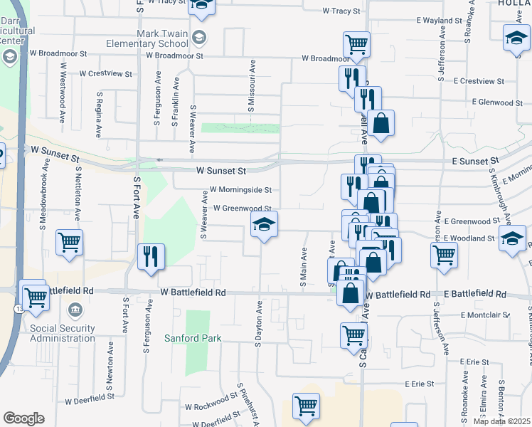 map of restaurants, bars, coffee shops, grocery stores, and more near 740 West Greenwood Street in Springfield