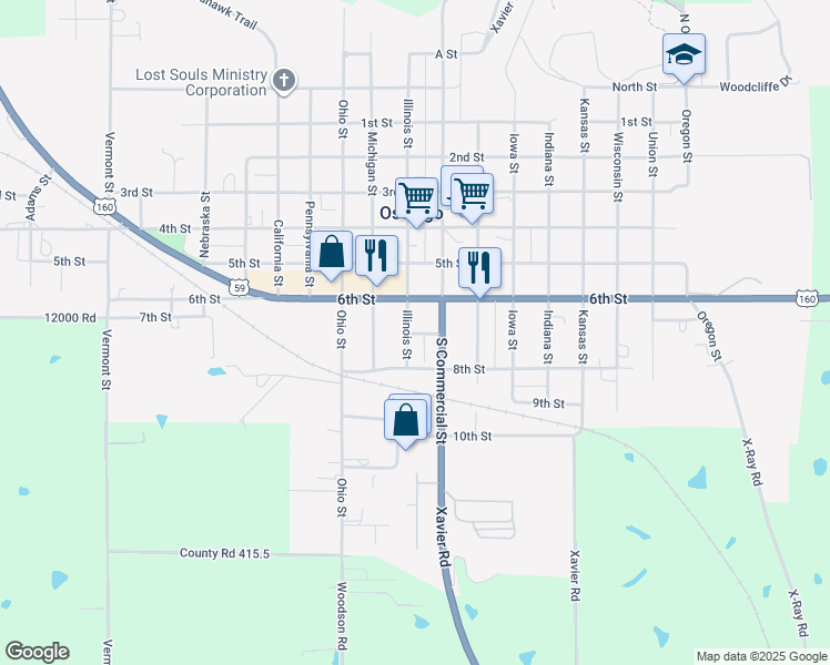 map of restaurants, bars, coffee shops, grocery stores, and more near 684 Illinois Street in Oswego