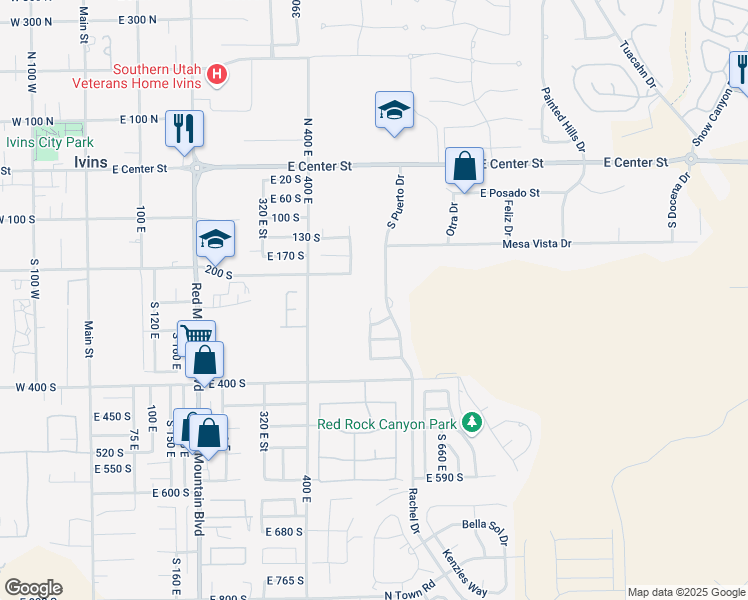 map of restaurants, bars, coffee shops, grocery stores, and more near 255 Xavier Circle in Ivins