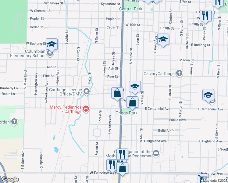 map of restaurants, bars, coffee shops, grocery stores, and more near 417 Clevenger Street in Carthage