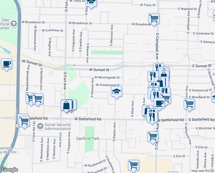 map of restaurants, bars, coffee shops, grocery stores, and more near 836 West Greenwood Street in Springfield