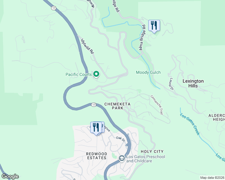 map of restaurants, bars, coffee shops, grocery stores, and more near 17939 Apache Trail in Los Gatos