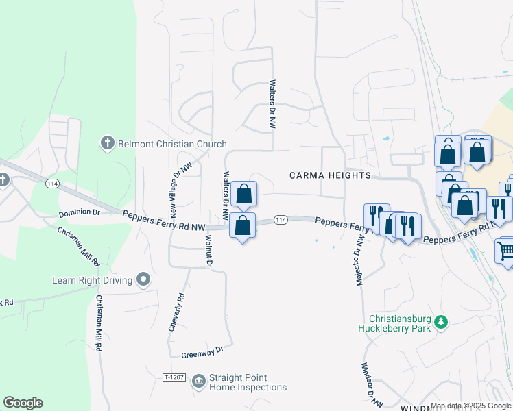 map of restaurants, bars, coffee shops, grocery stores, and more near 300 Vinnie Avenue Northwest in Christiansburg
