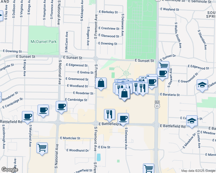 map of restaurants, bars, coffee shops, grocery stores, and more near 1451 East Woodland Street in Springfield