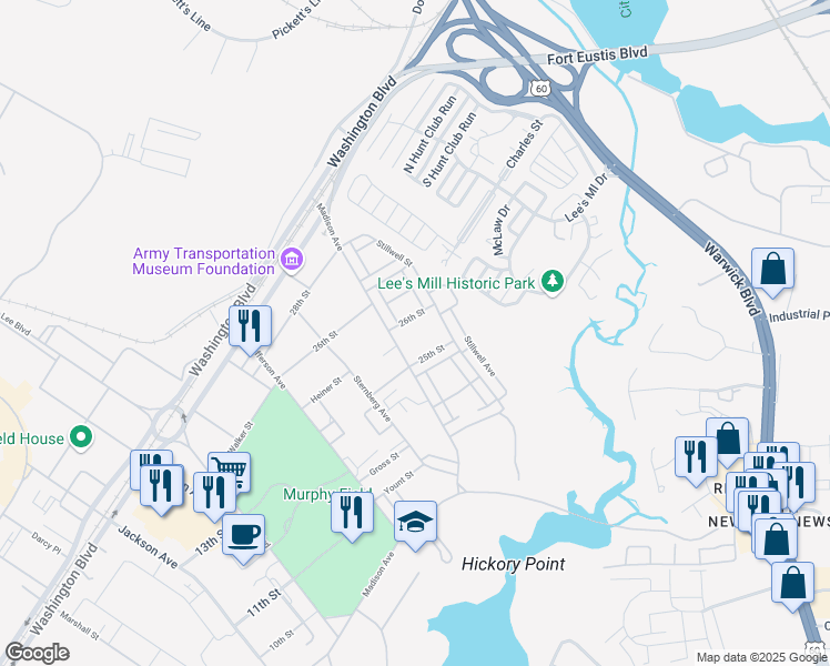 map of restaurants, bars, coffee shops, grocery stores, and more near 126 Madison Avenue in Newport News