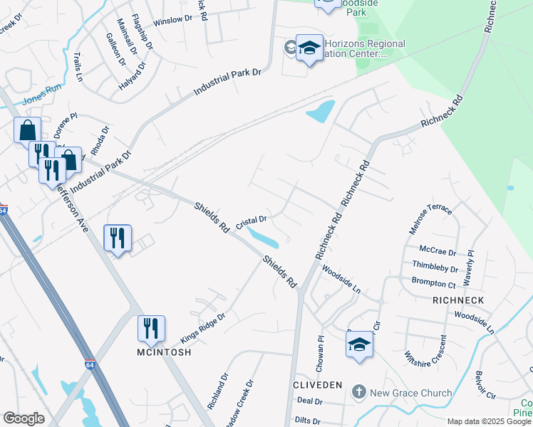 map of restaurants, bars, coffee shops, grocery stores, and more near 621 Cristal Drive in Newport News
