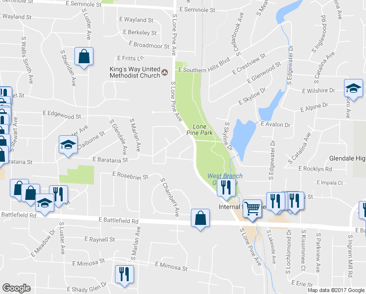 map of restaurants, bars, coffee shops, grocery stores, and more near 2727 South Melrose Avenue in Springfield