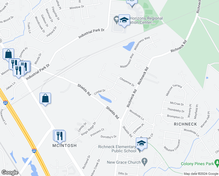 map of restaurants, bars, coffee shops, grocery stores, and more near 633 Cristal Drive in Newport News