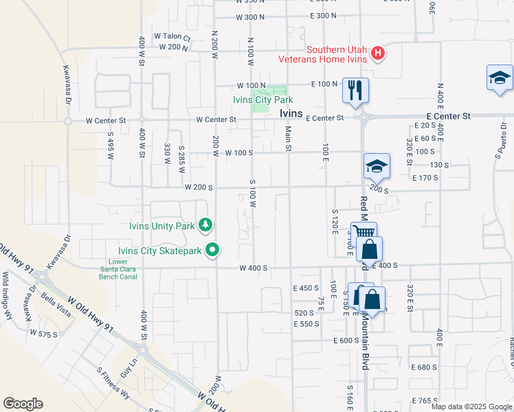 map of restaurants, bars, coffee shops, grocery stores, and more near 249 South 100 West in Ivins