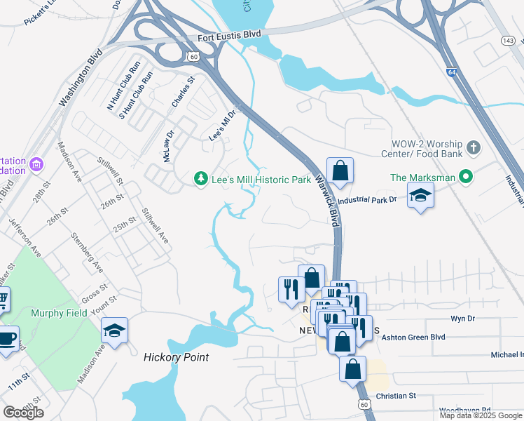 map of restaurants, bars, coffee shops, grocery stores, and more near 32 Williamson Park Drive in Newport News