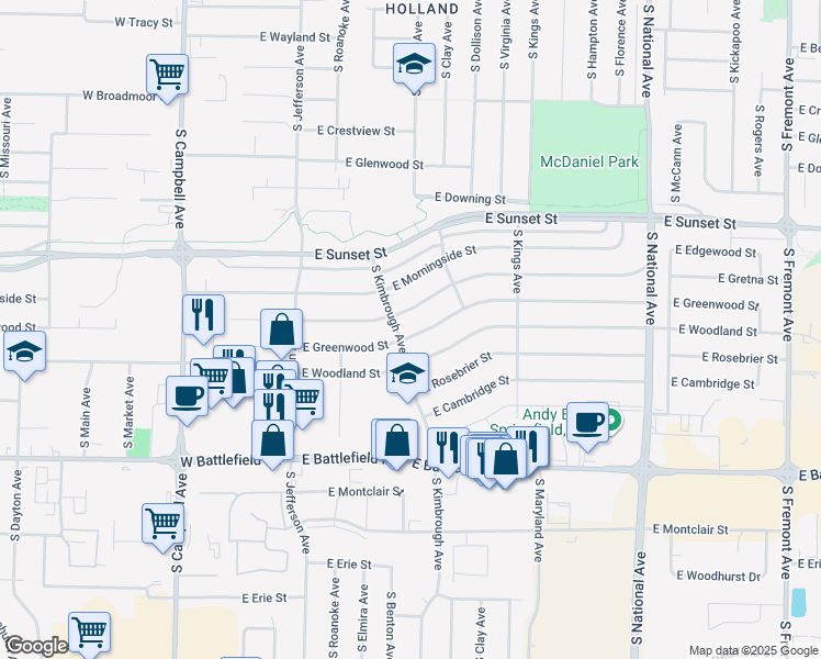 map of restaurants, bars, coffee shops, grocery stores, and more near 715 East Greenwood Street in Springfield