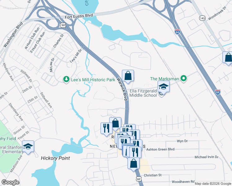 map of restaurants, bars, coffee shops, grocery stores, and more near 8 Bethel Road in Newport News