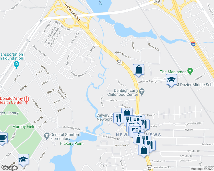 map of restaurants, bars, coffee shops, grocery stores, and more near 34B Williamson Drive in Newport News