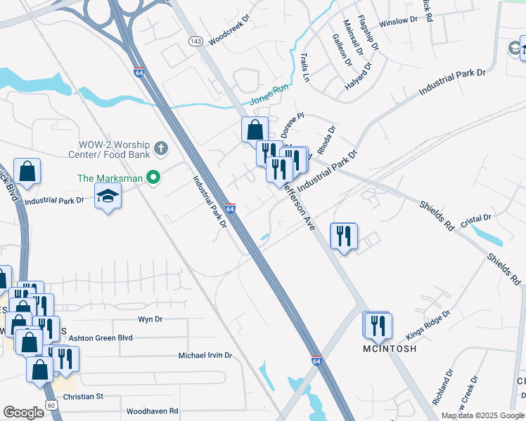 map of restaurants, bars, coffee shops, grocery stores, and more near 212 Jakes Lane in Newport News