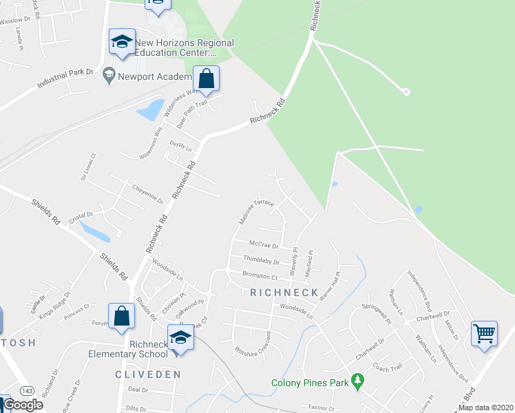 map of restaurants, bars, coffee shops, grocery stores, and more near 795 Melrose Terrace in Newport News