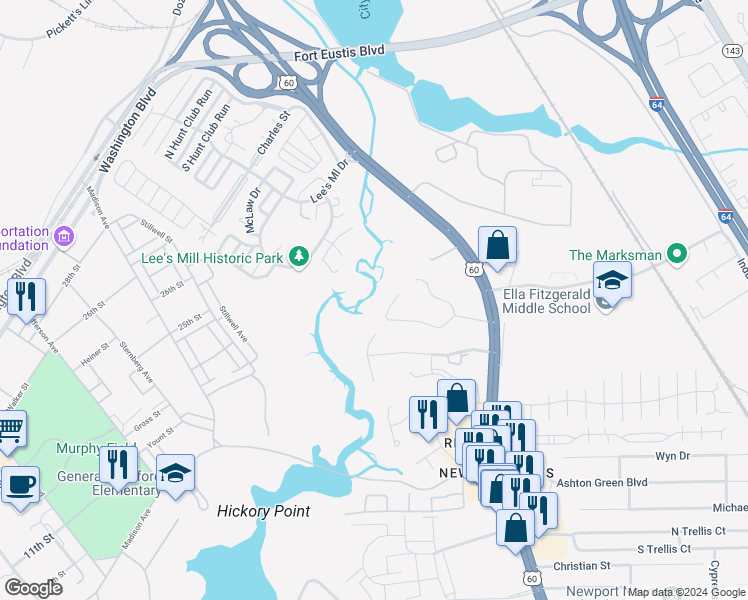 map of restaurants, bars, coffee shops, grocery stores, and more near 36 Williamson Park Drive in Newport News