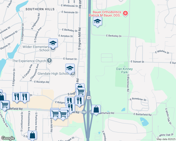 map of restaurants, bars, coffee shops, grocery stores, and more near Schoolcraft Freeway in Springfield