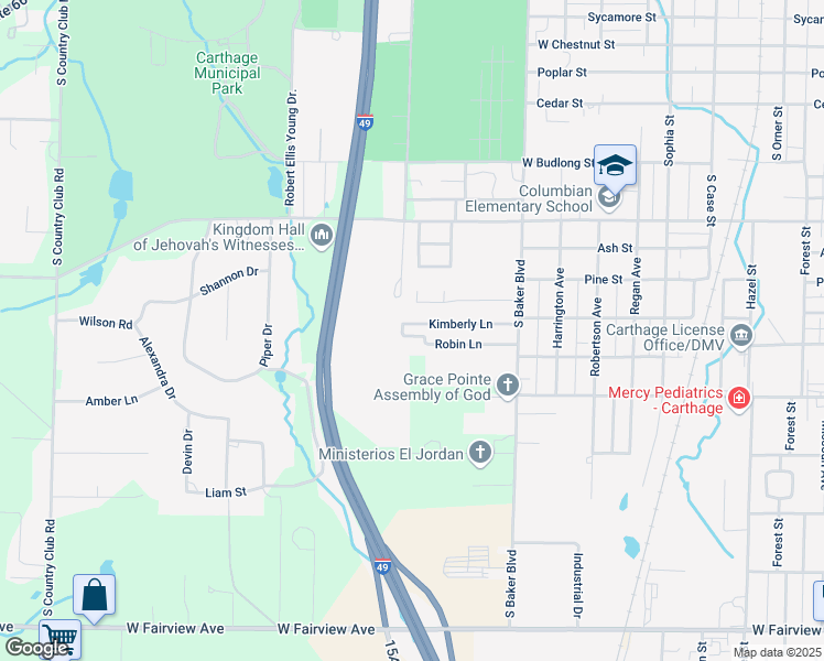 map of restaurants, bars, coffee shops, grocery stores, and more near 1440 Kimberly Lane in Carthage