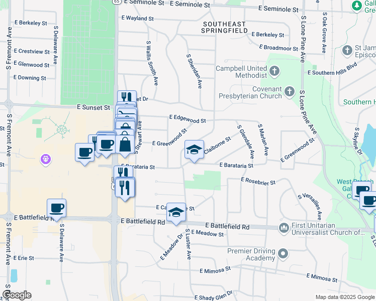 map of restaurants, bars, coffee shops, grocery stores, and more near 2734 South Luster Avenue in Springfield
