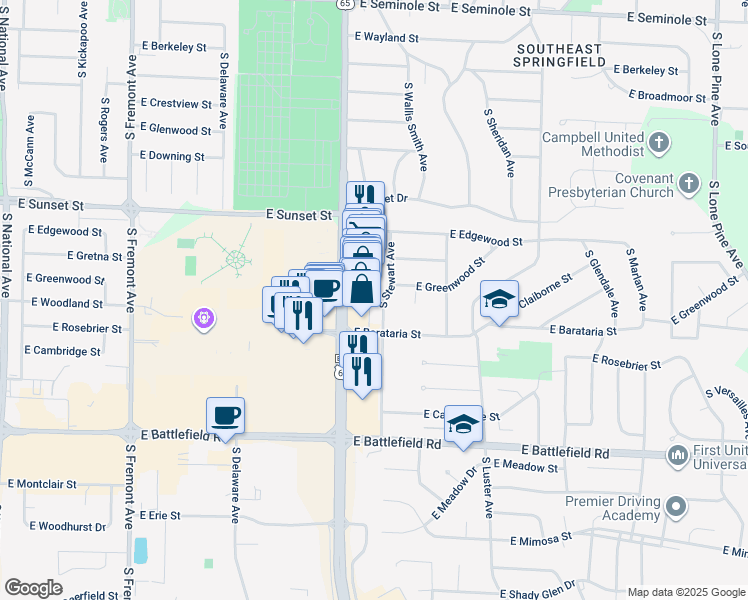 map of restaurants, bars, coffee shops, grocery stores, and more near 2721 South Stewart Avenue in Springfield