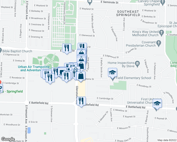 map of restaurants, bars, coffee shops, grocery stores, and more near 2718 South Stewart Avenue in Springfield