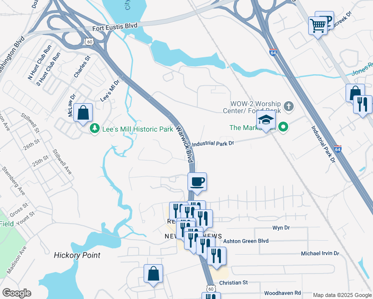 map of restaurants, bars, coffee shops, grocery stores, and more near 15661 Warwick Boulevard in Newport News