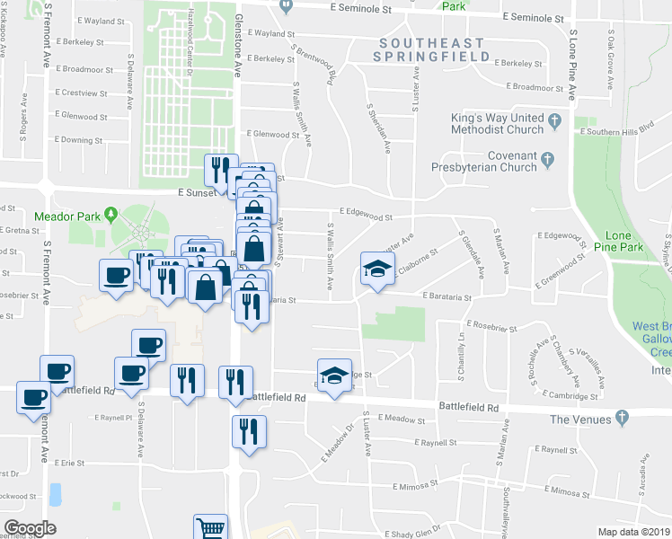 map of restaurants, bars, coffee shops, grocery stores, and more near 2716 South Wallis Smith Avenue in Springfield