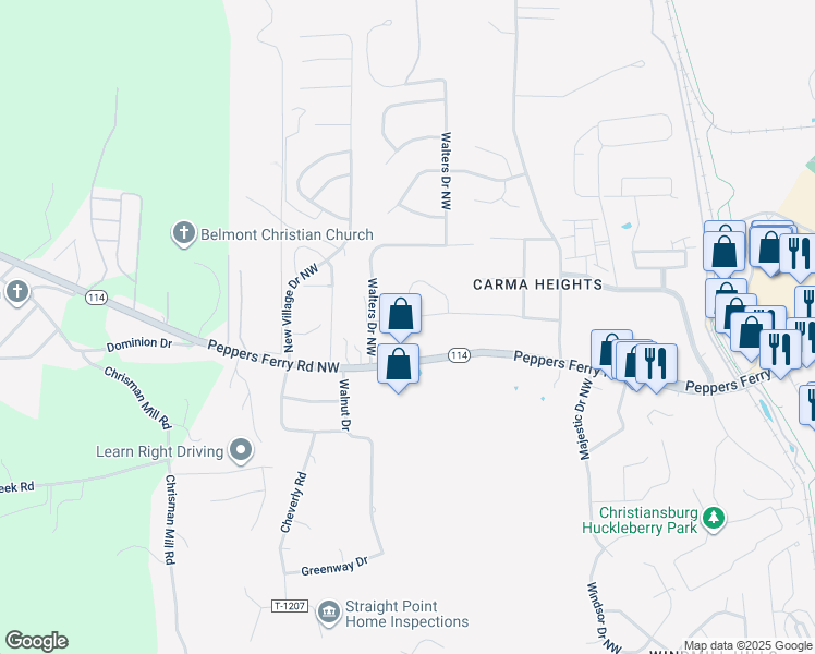 map of restaurants, bars, coffee shops, grocery stores, and more near 300 Vinnie Avenue Northwest in Christiansburg