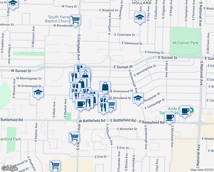 map of restaurants, bars, coffee shops, grocery stores, and more near 330 East Edgewood Street in Springfield