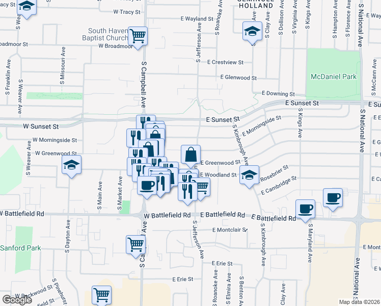 map of restaurants, bars, coffee shops, grocery stores, and more near 330 East Edgewood Street in Springfield