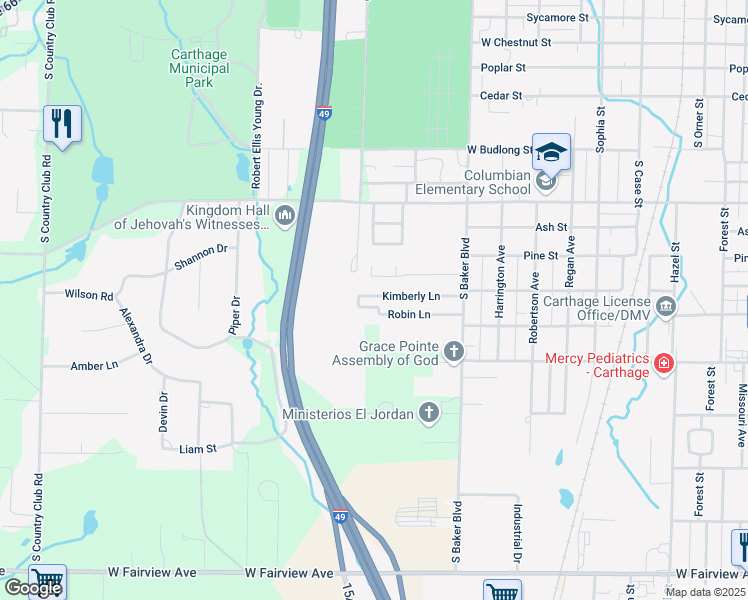 map of restaurants, bars, coffee shops, grocery stores, and more near 1440 Kimberly Lane in Carthage