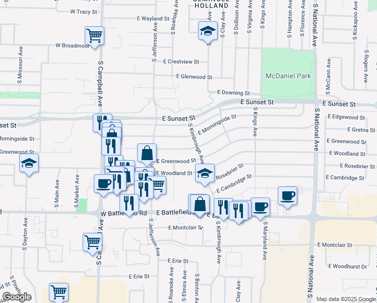map of restaurants, bars, coffee shops, grocery stores, and more near 602 East Edgewood Street in Springfield